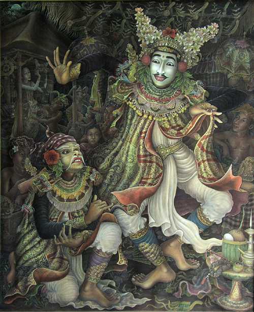 巴厘岛的一幅描绘文化面具舞者的画